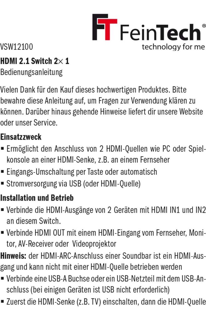 Benutzerhandbuch für Feintech VSW12100 HDMI 2.1 Switch 2x1