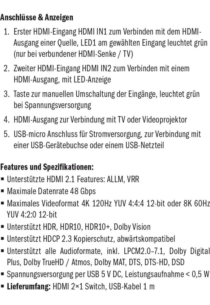 Benutzerhandbuch für Feintech VSW12100 HDMI 2.1 Switch 2x1