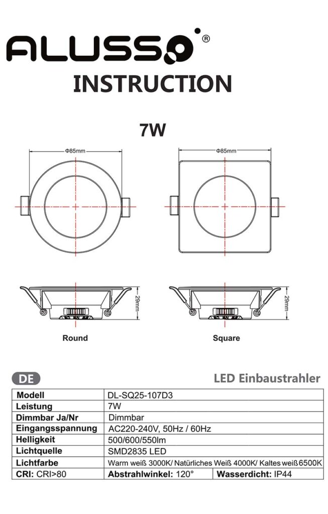 Montageanleitung für ALUSSO LED Einbaustrahler 230V 7W 6 Stk