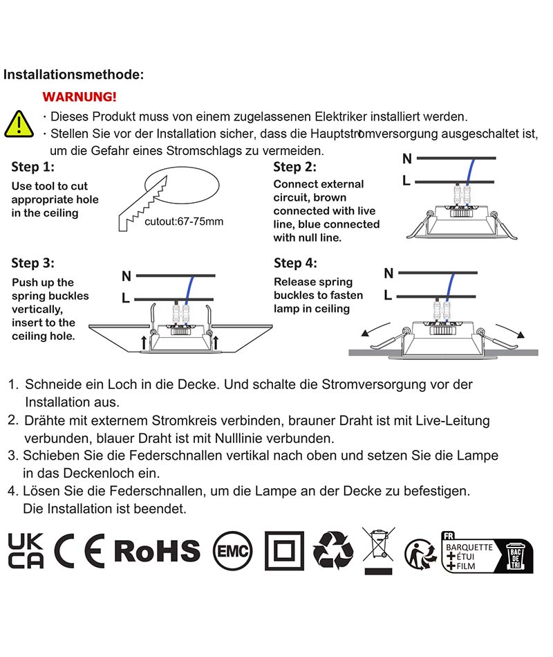 Montageanleitung für ALUSSO LED Einbaustrahler 230V 7W 6 Stk